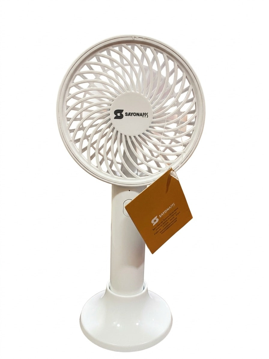 White rechargeable tabletop fan with front grille and base, 4 inch, SAYONAPPS logo