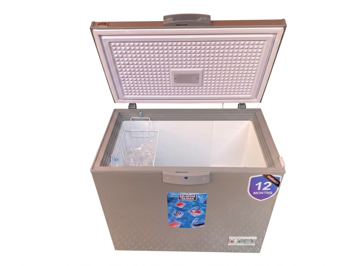Open gray chest freezer with interior basket and 12-month warranty badge