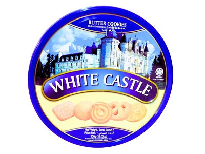 White Castle butter cookie tin, round blue lid with castle label and cookie shapes