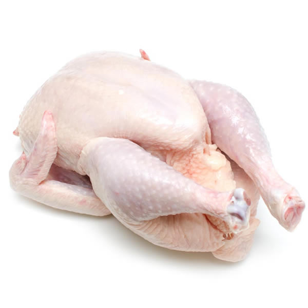 Whole raw chicken with pale pink skin, wings and legs attached