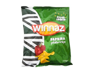 Paprika potato chips bag, green Winnaz package with bold logo and paprika label