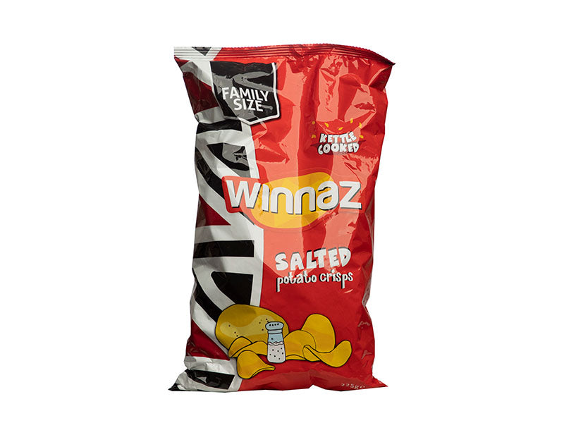 Winnaz salted potato crisps bag, red and black packaging