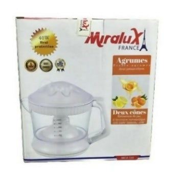 Manual citrus juicer in retail box with white press and clear container