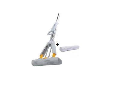 Floor mop with long handle and gray rectangular cleaning pad