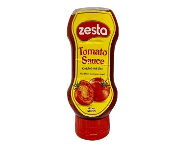 Zesta Tomato Sauce 400g squeeze bottle, red tomato label and cap.