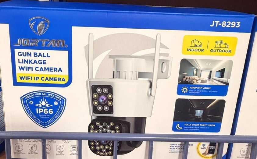 WiFi security camera box with IP66 rating and indoor/outdoor use shown on display