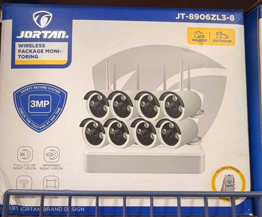Wireless package monitoring system retail box with 8 outdoor cameras, indoor/outdoor