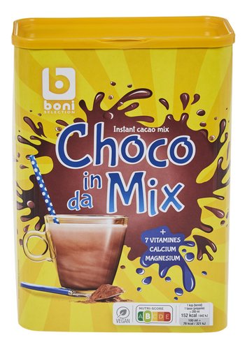 Yellow tub of instant cacao mix drink powder with “Choco in da Mix” label