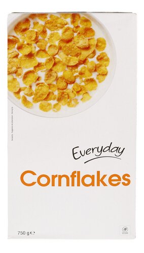 Everyday Cornflakes cereal box, 750 g, with cornflake graphics