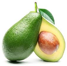 Whole avocado and sliced avocado half with green skin and yellow-green flesh