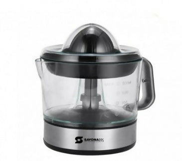 Citrus juicer with transparent pulp container, black cone and lid, handle and base