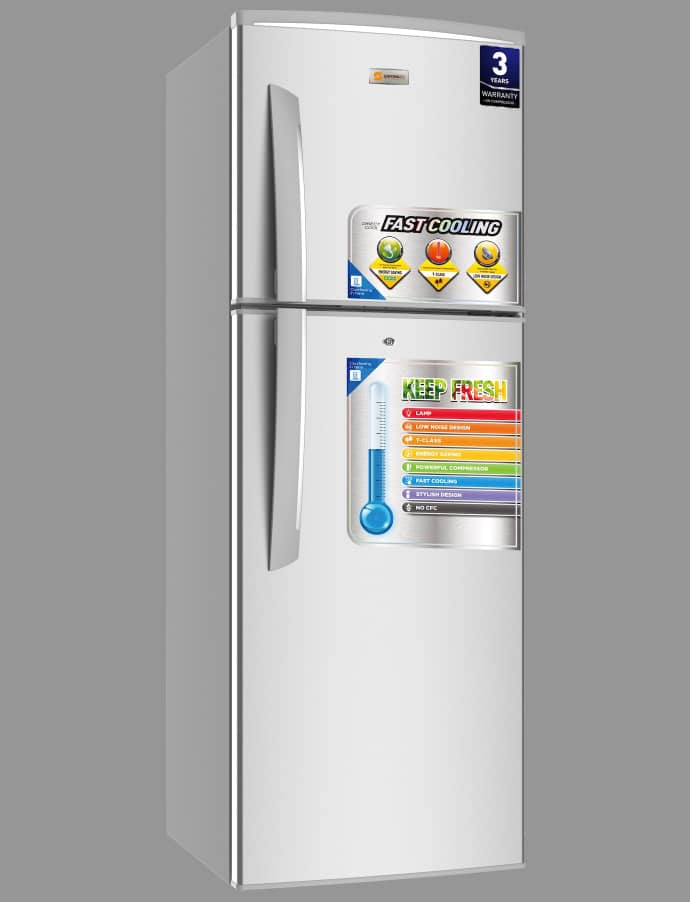 Sayona double-door refrigerator, white finish with top freezer