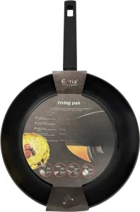 Black frying pan with long handle and hanging loop