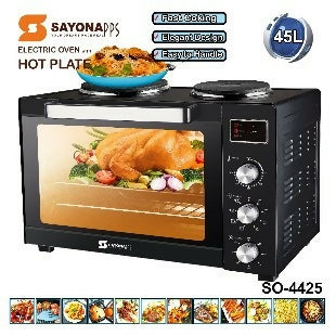 Black countertop electric oven with glass door and hot-plate controls, 45L
