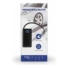 Portable vehicle inflator pump in retail box with digital display and charging cable