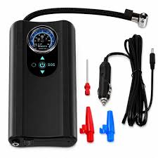 Black portable vehicle inflator pump with blue screen and included nozzles and power cord