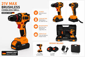 21V cordless drill driver kit in orange/black, includes two drills and accessories