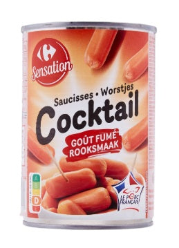 400 g cocktail sausage can, red label with sausage pieces graphic
