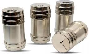 Stainless seasoning bottle set of three with black-and-silver caps and perforated lids