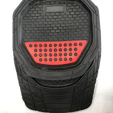 Black car floor mat with red perforated center grip panel