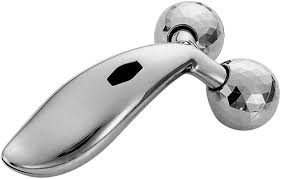 Handheld 3D massager with curved metal handle and two chrome roller balls