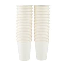 Disposable white paper cups, ridged sides, stacked set of 20