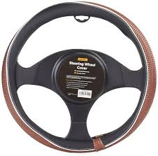 Steering wheel cover with stitched brown edge on black textured grip