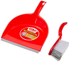 Red dust pan with hand brush, raised front lip and curved handle