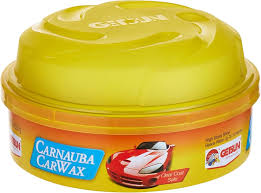 Carnauba car wax in yellow plastic tub with clear lid and car graphic label
