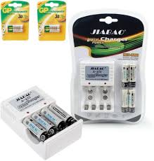 Jibao battery charger kit with four rechargeable batteries, shown with retail packaging