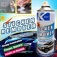 KLY sticker remover aerosol spray can with blue-and-white label