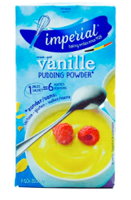 Imperial vanilla pudding powder, 350 g bag with serving spoon and bowl illustration