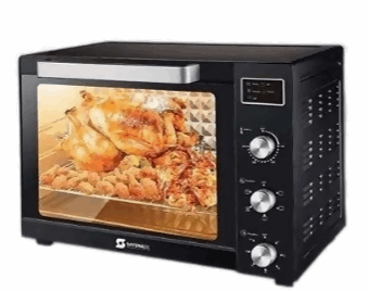 Black countertop oven with glass door, digital display, and three control knobs