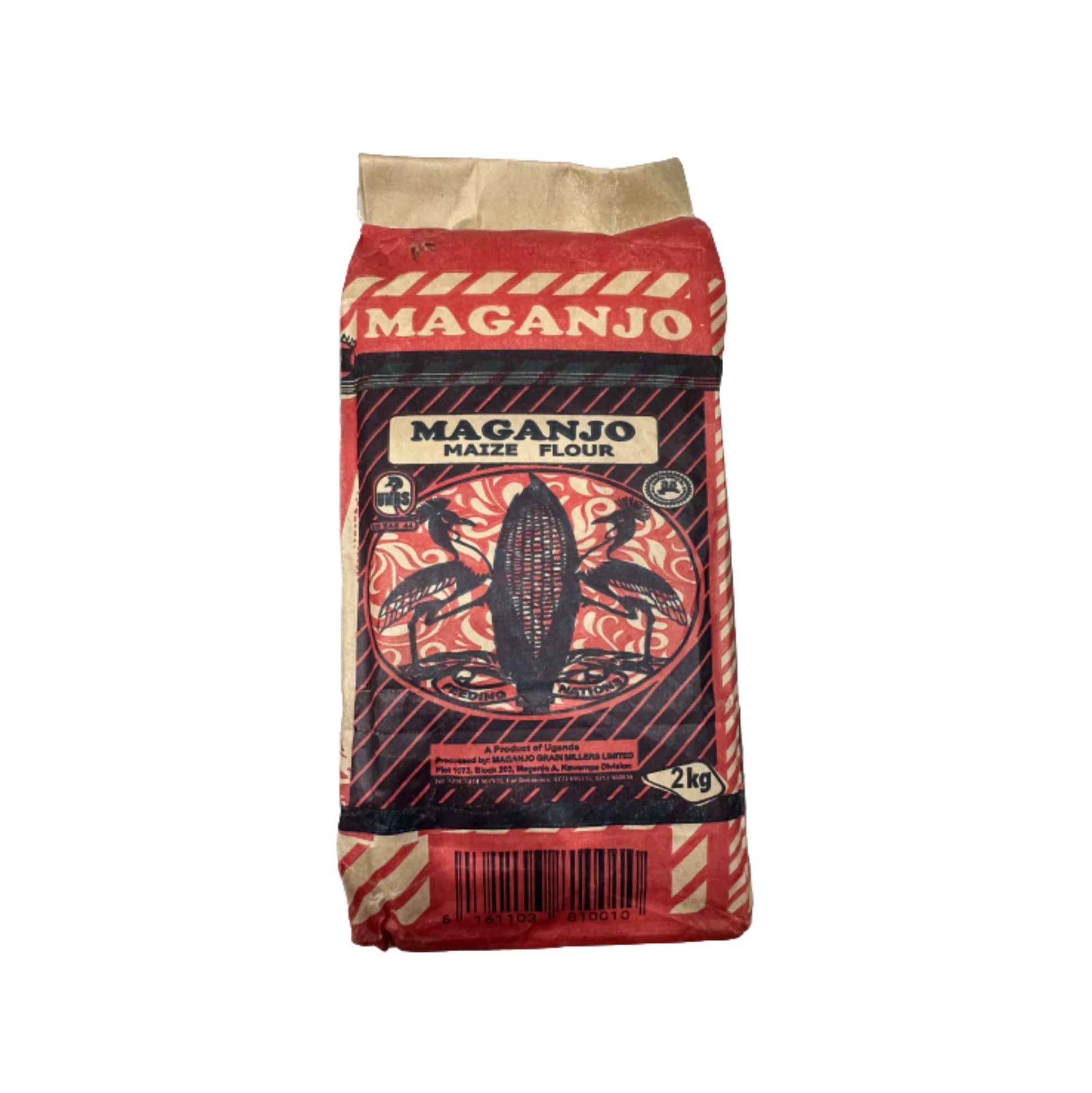 MAGANJO maize flour 2kg bag, red and beige top, front label and maize graphic