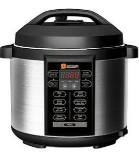 Electric pressure cooker with stainless steel body, black lid, and digital control panel