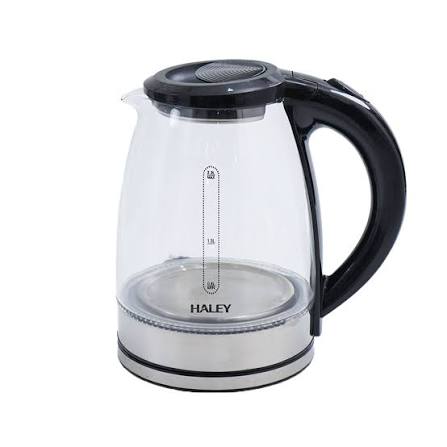 Glass electric kettle with black lid and handle; HALEY branding on base