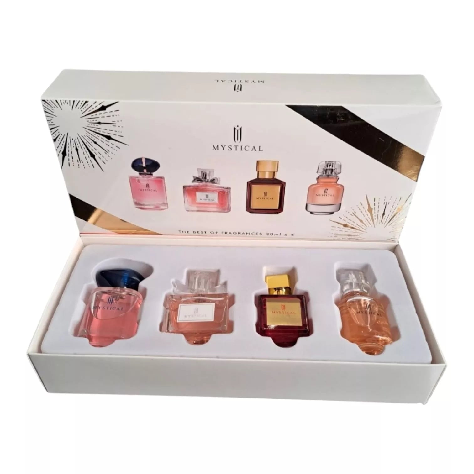 Fragrance gift set with four miniature bottles in open presentation box