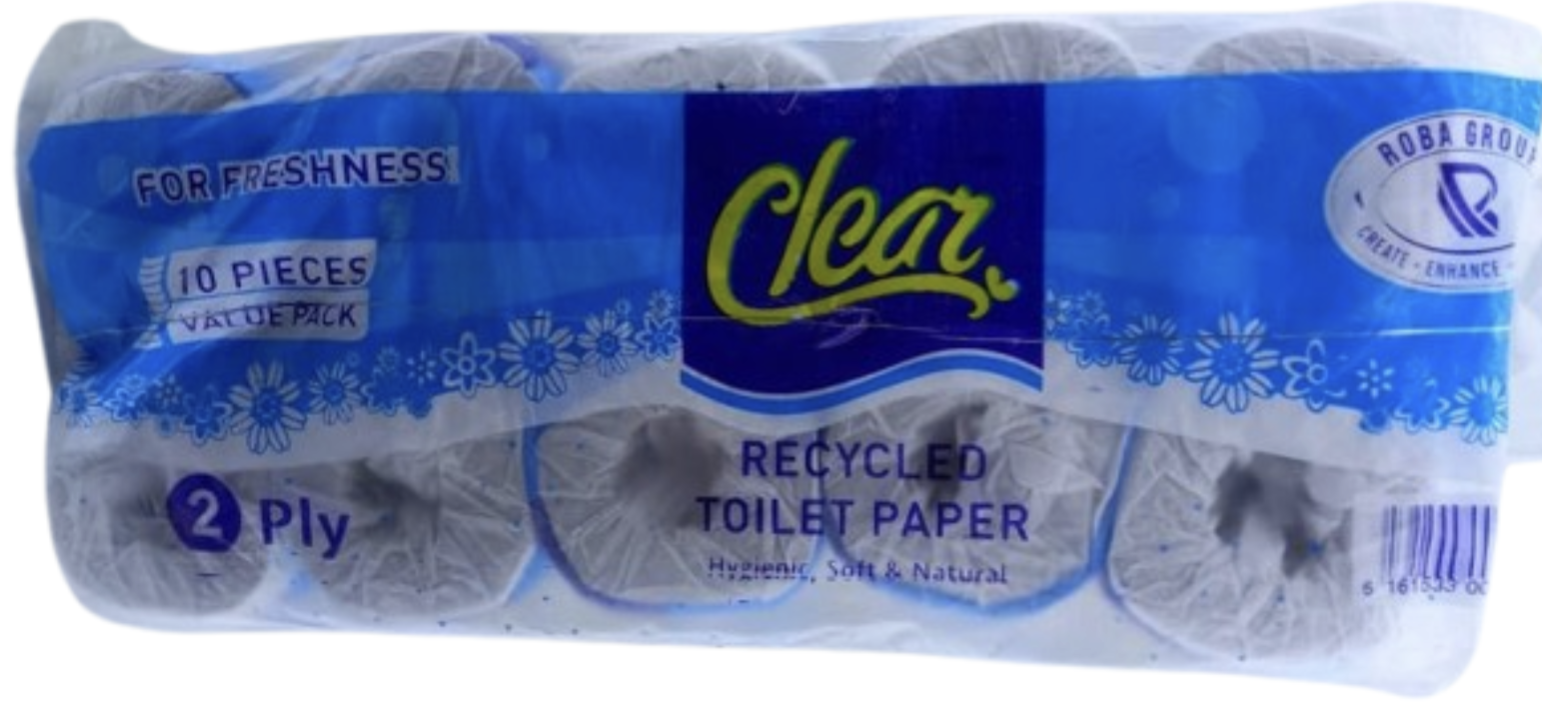 Clear recycled 2-ply toilet paper pack, 10 pieces, blue and white pack in plastic