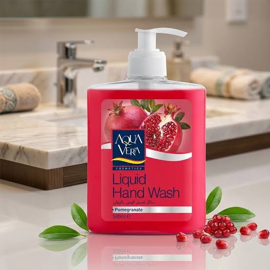 Pomegranate-scented liquid hand wash bottle with pump, red