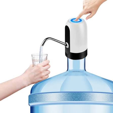 Automatic countertop water dispenser with white top, chrome spout, blue tank and dripless hand
