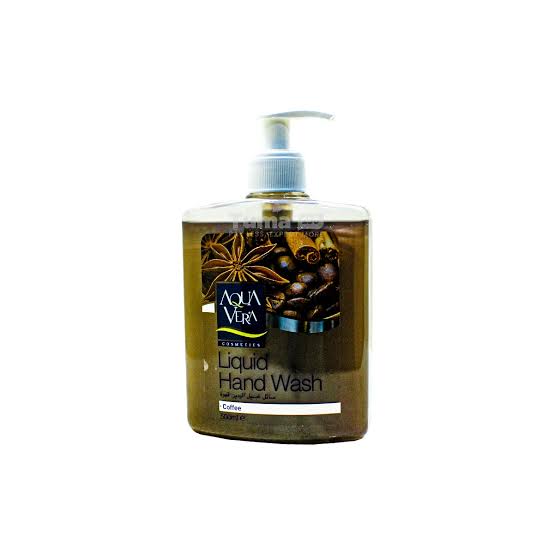 Coffee-scented liquid hand wash bottle with pump, dark amber color