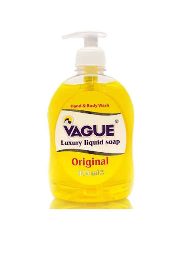 VAGUE original hand and body wash bottle with pump, yellow liquid, 415 ml