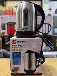 Stainless steel electric kettle with black handle and lid, pour spout, on retail box