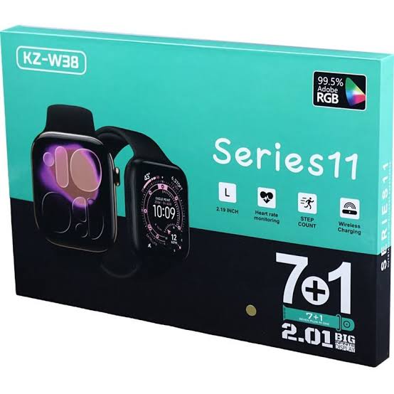 Smartwatch box labeled Series 11 with 7+1 straps and fitness features