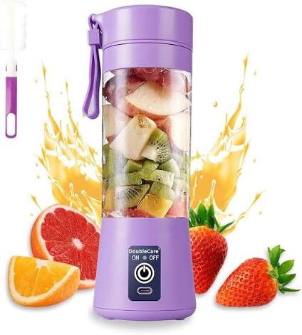 Portable rechargeable juice blender in purple with clear cup and mixed fruit inside