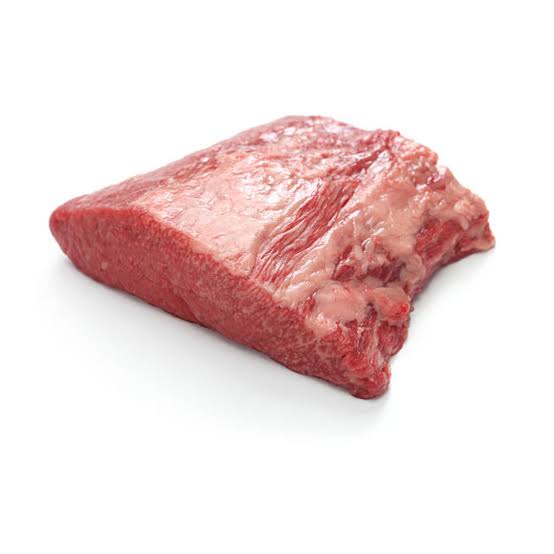 Beef brisket slab, raw red-pink meat with visible fat seam