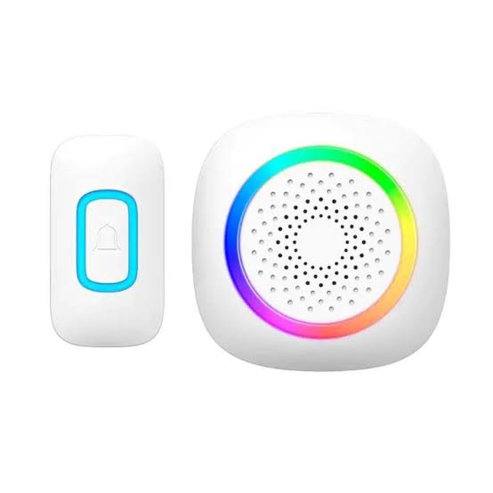 Wireless doorbell kit with white chime button and multicolor LED ring speaker