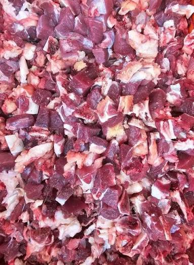 Raw diced beef meat with marbled red and white pieces