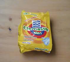 Climaset 4 in 1 washing powder pouch, yellow package with blue wave logo