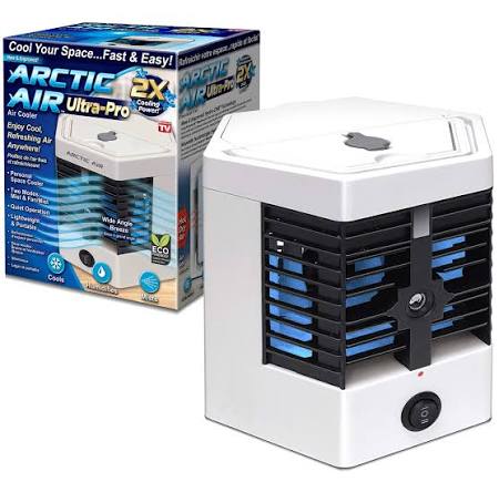 Portable white evaporative air cooler with front vent panels and round control dial